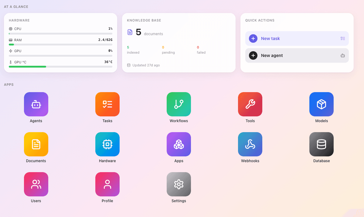 Galileo OS home screen: hardware status, knowledge base, and the apps grid — agents, tasks, workflows, models, documents, webhooks.